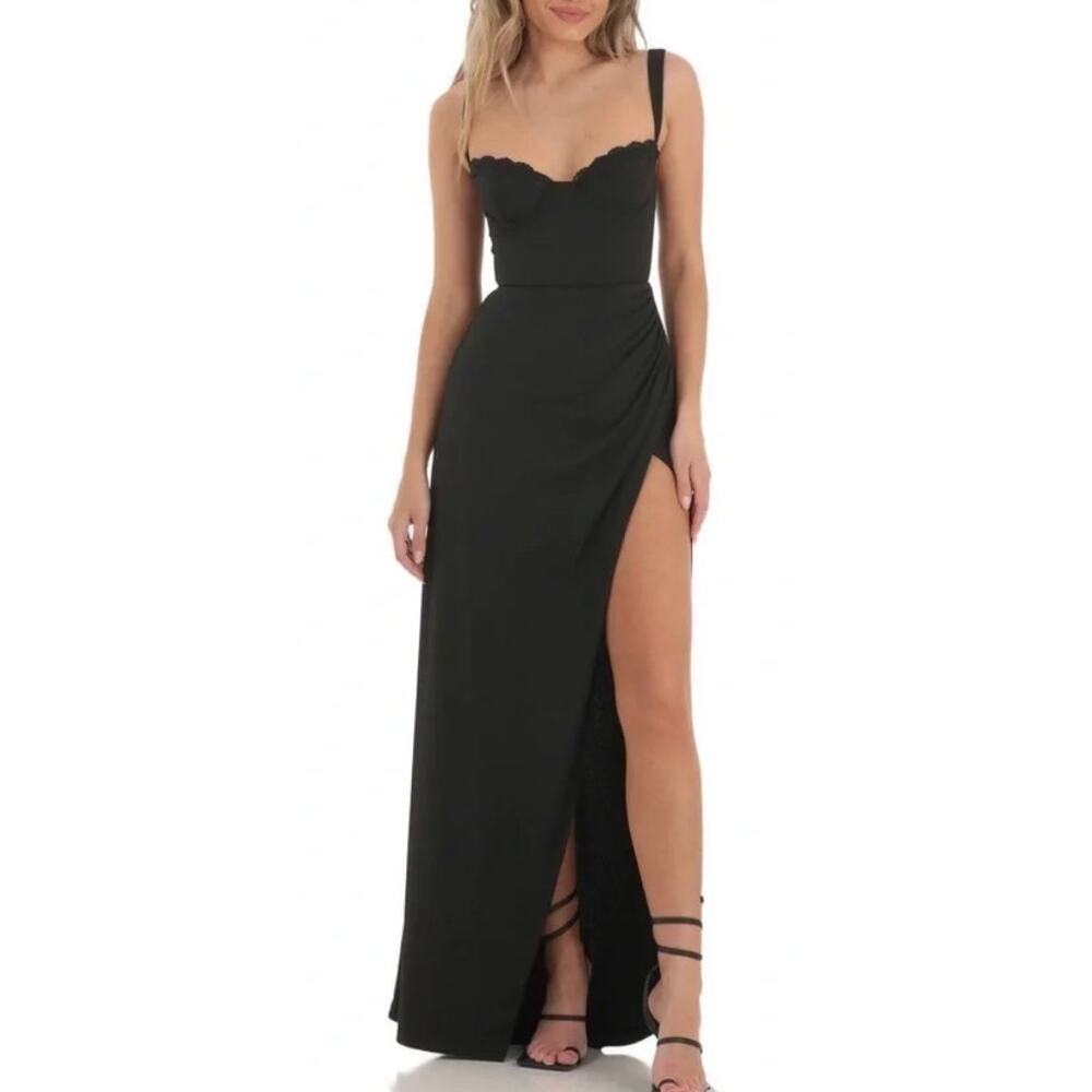 Lucy in the Sky Bustier Top Maxi Dress Black Criss Cross Back Sz XL Formal Sexy